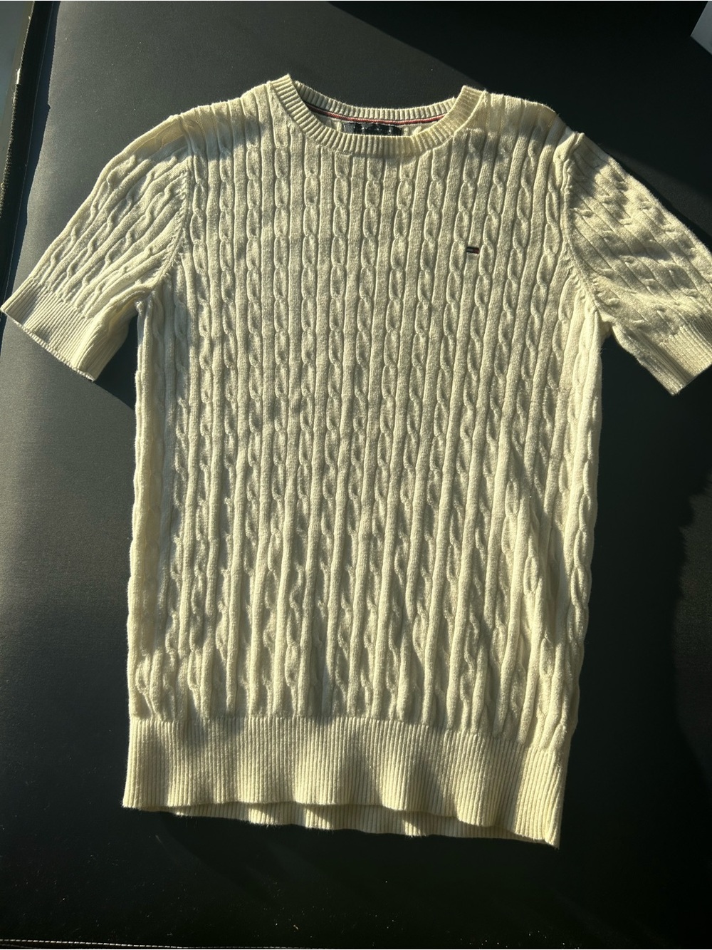 Tommy Hilfiger Cream Cable Knit Crewneck Short-Sleeve Top